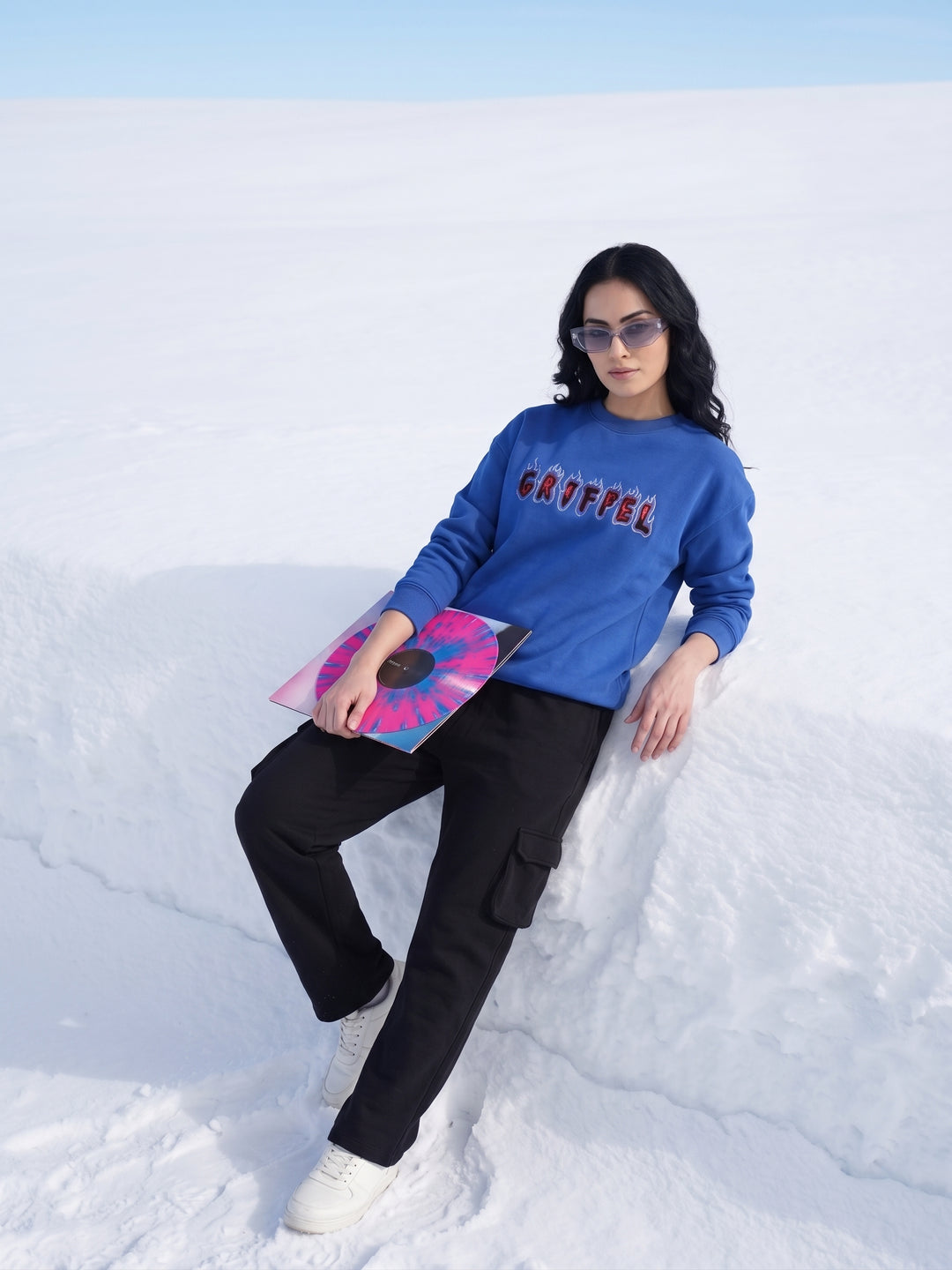 COLD BURN Cotton Fleece Oversized Round Neck Royal Blue Tracksuit For Women
