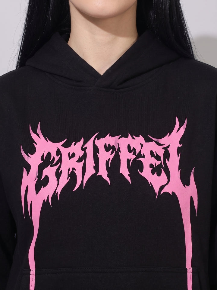 SHOCKWAVE Oversized Cotton Fleece Black Hoodie For Women