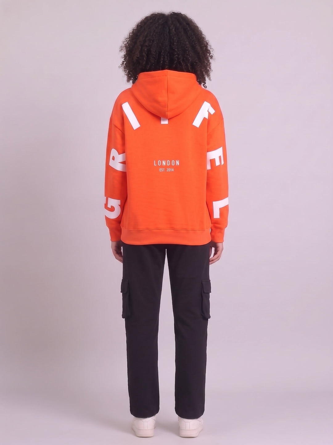 WHITE BACK GRIFFEL Oversized Cotton Fleece Orange Hoodie For Women