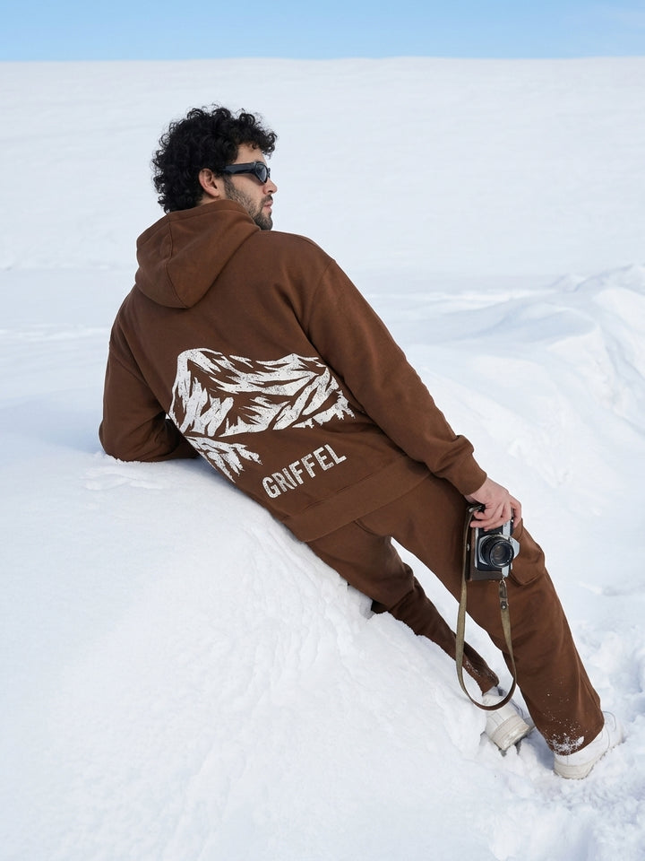 MOUNTAIN Oversized cotton Fleece Brown Hoodie For Men