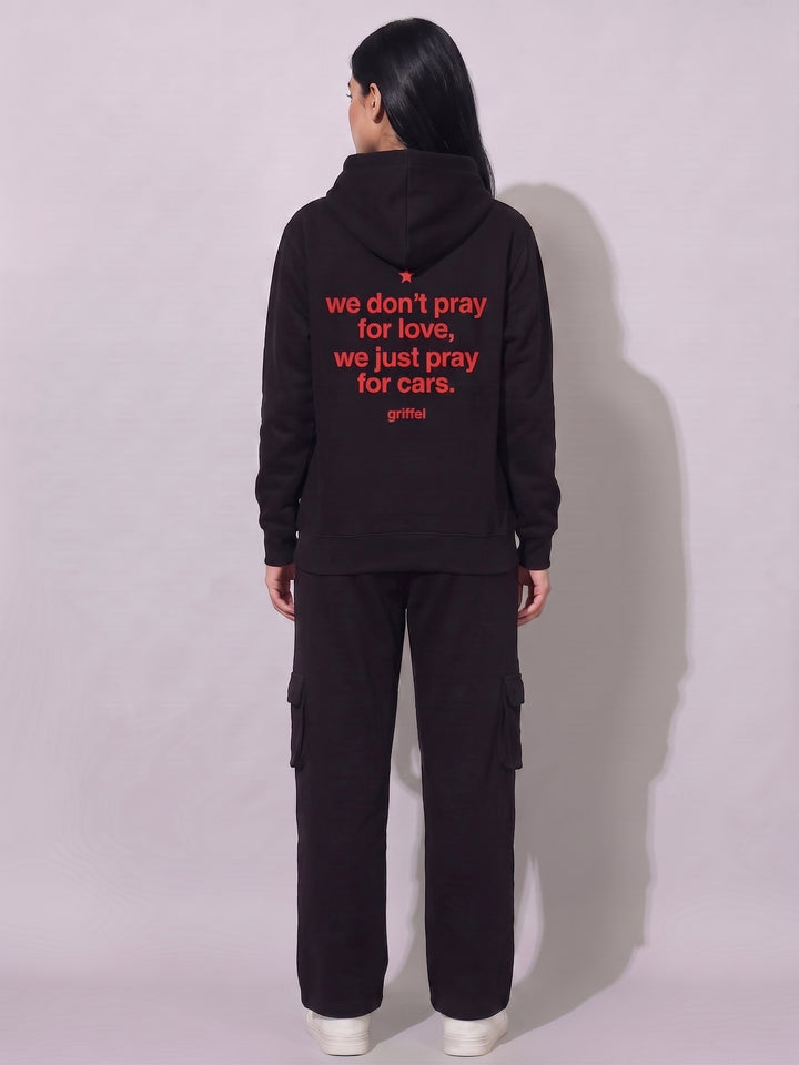 PRAY FOR CARS Oversized Cotton Fleece Black Hoodie For Women