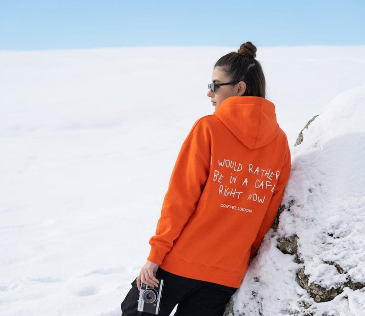 I WOULD RATHER BE IN A CAFE RIGHT NOW Oversized Cotton Fleece Orange Hoodie For Women
