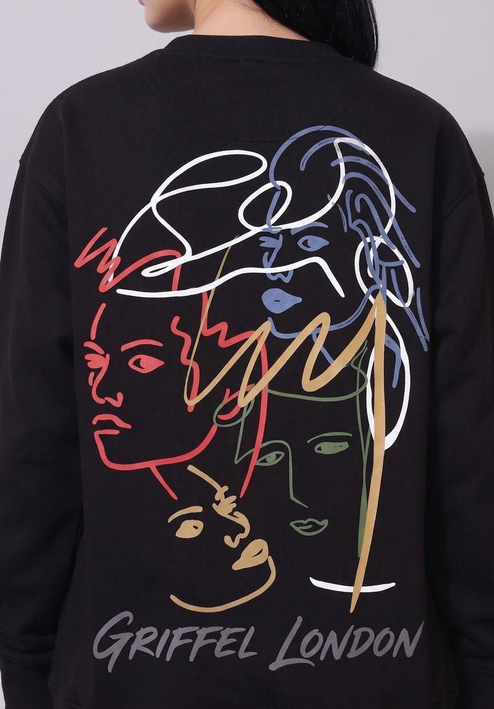 Abstract Oversized Cotton Fleece Black Sweatshirt