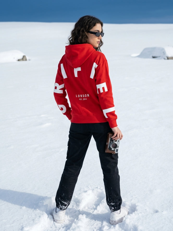 BACK GRIFFEL Oversized Cotton Fleece Red Hoodie For Women