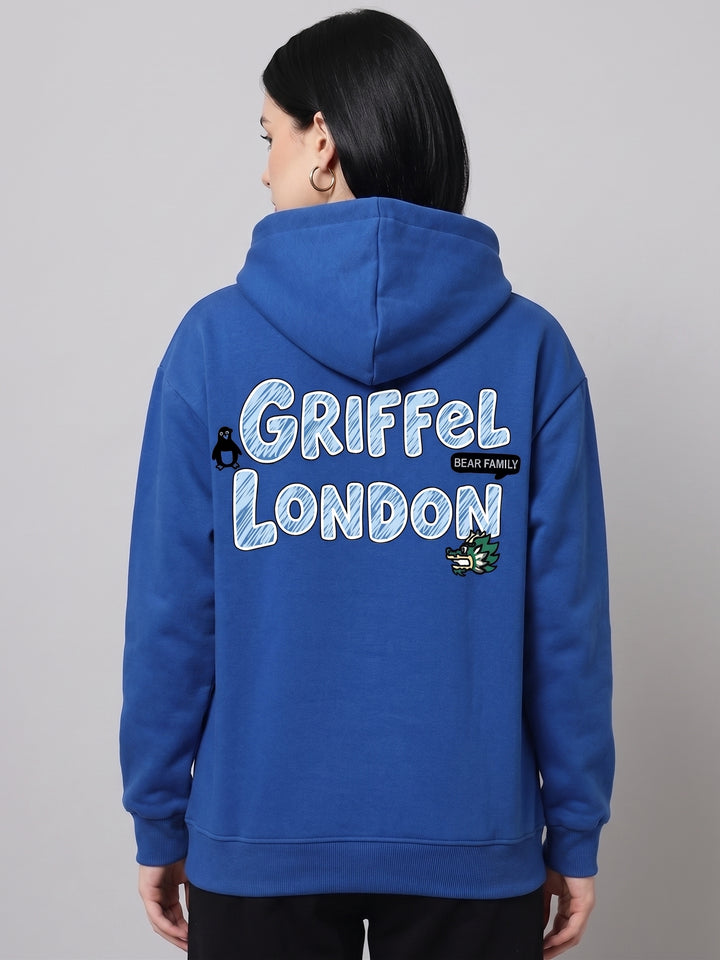 DOODLE Cotton Fleece Oversized Round Neck Royal Blue Sweatshirt For Women