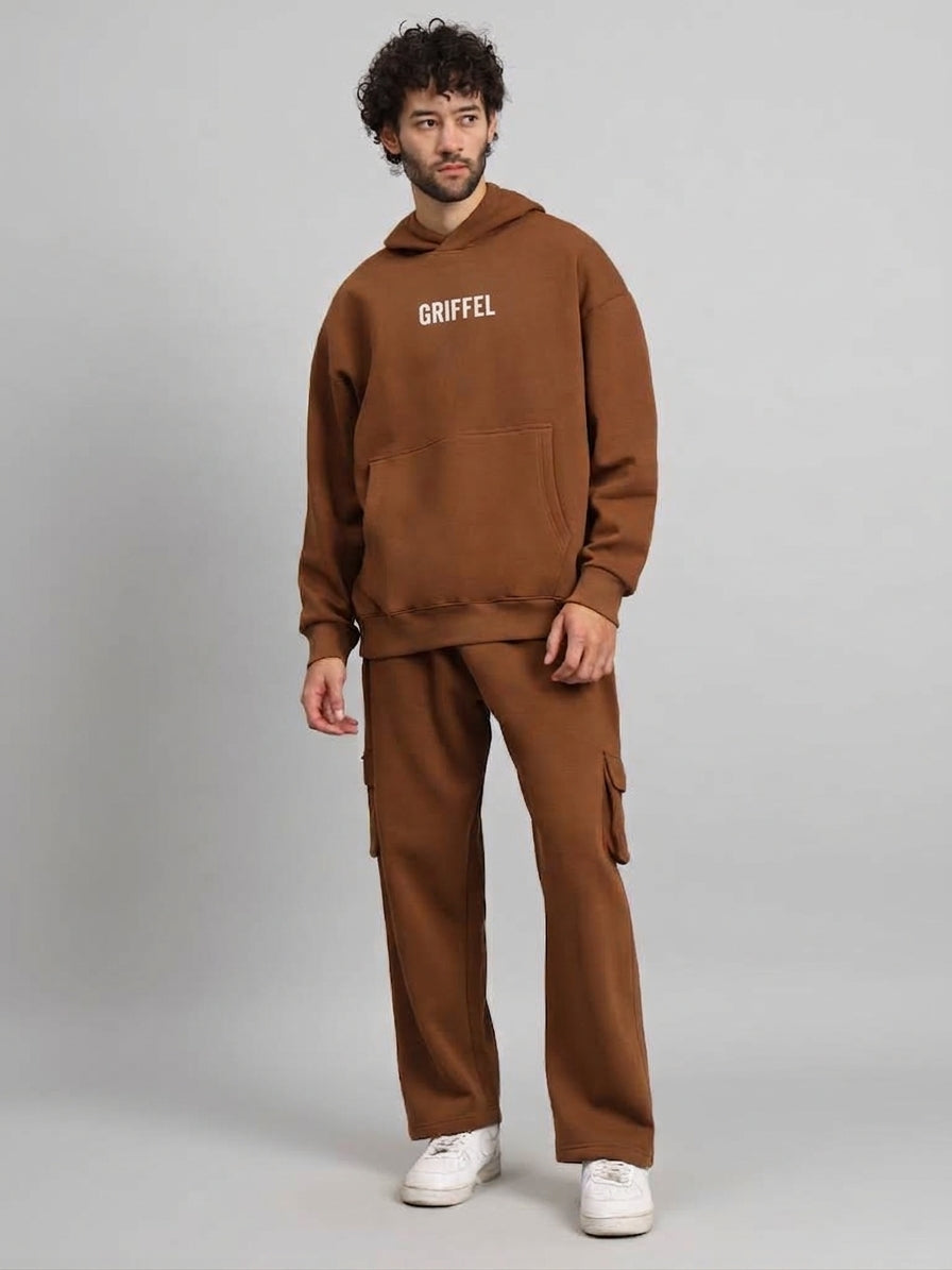 MOUNTAIN Oversized cotton Fleece Brown Hoodie For Men