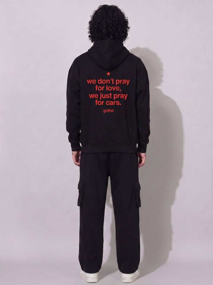Pray For Cars Oversized cotton Fleece Black Hoodie