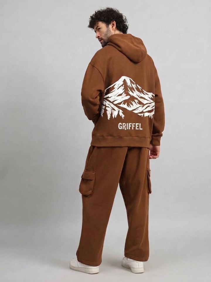 MOUNTAIN Oversized cotton Fleece Brown Hoodie For Men