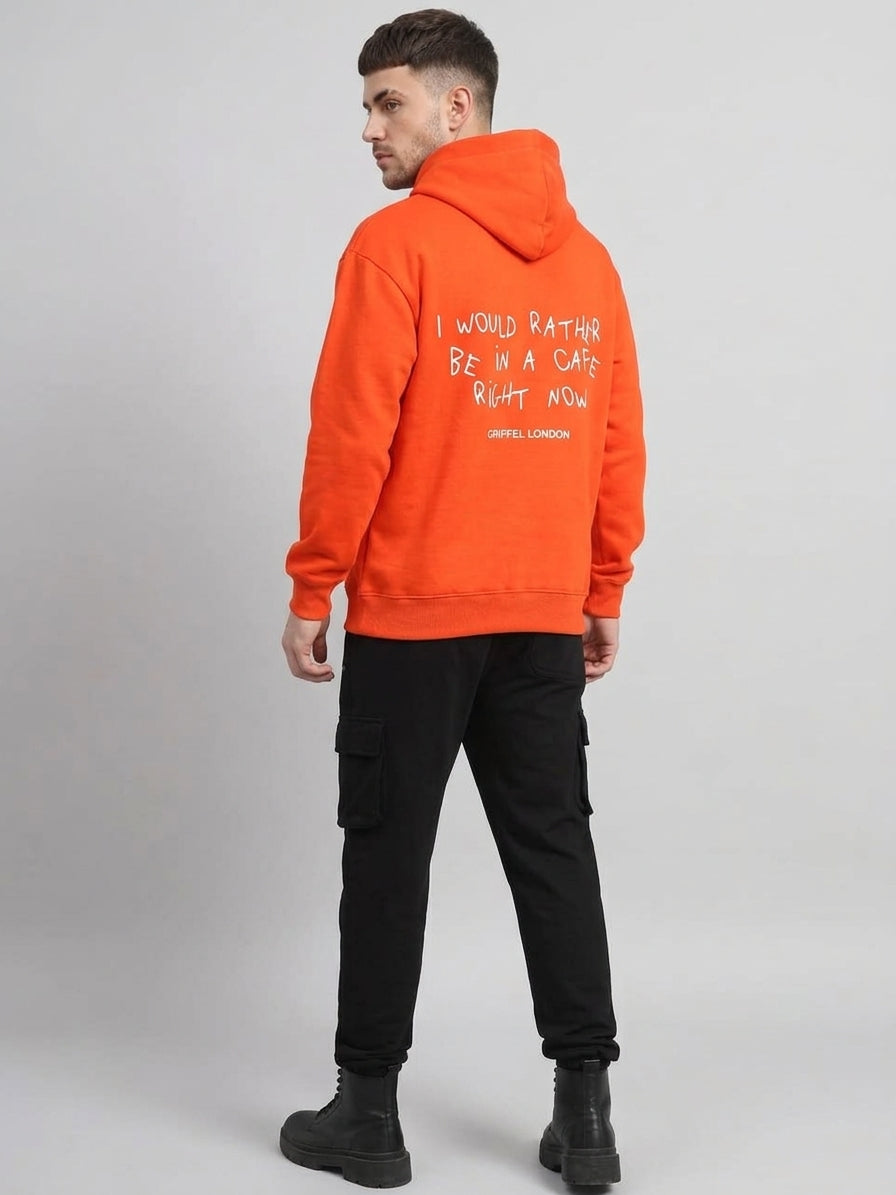 I would Rather Cafe Oversized cotton Fleece Orange Hoodie For Men
