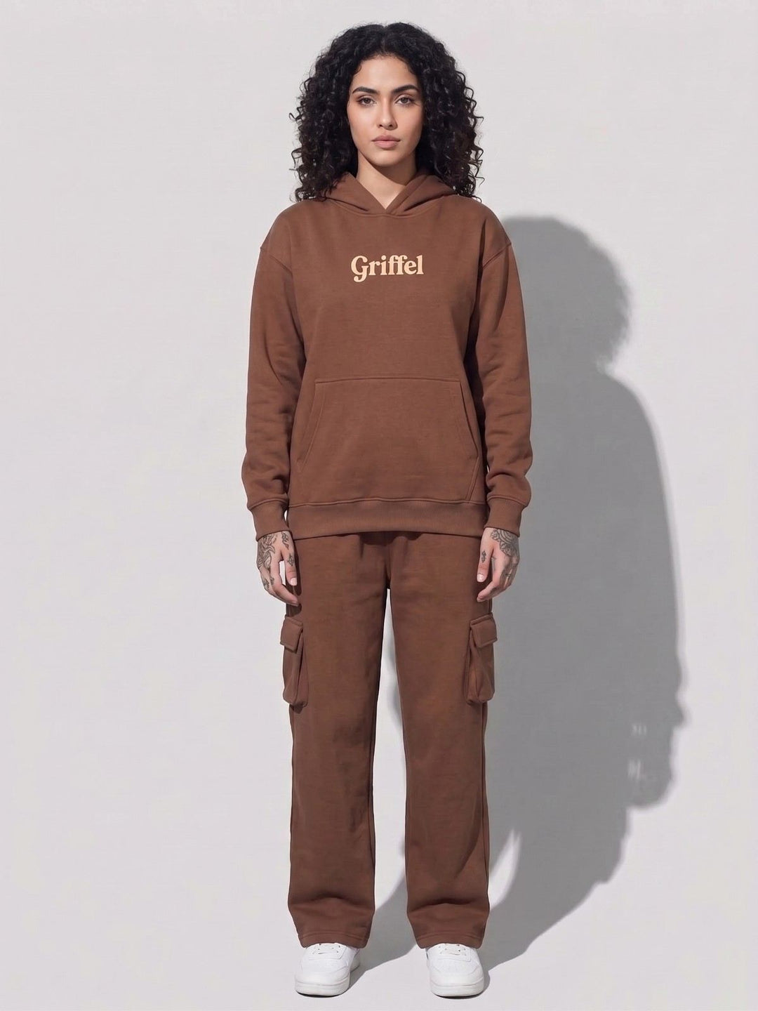TELL ME SOMETHING GOOD Brown Cotton Fleece Oversized Hoodie Tracksuit For Women (Copy)