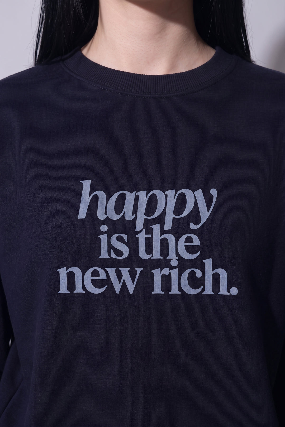 HAPPY RICH Cotton Fleece Oversized Round Neck Navy Sweatshirt For Women
