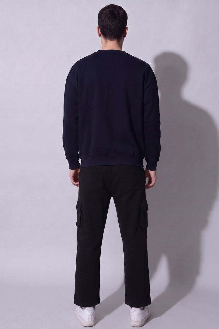 Happy Is The New Rich Navy Oversized cotton Fleece Sweatshirt