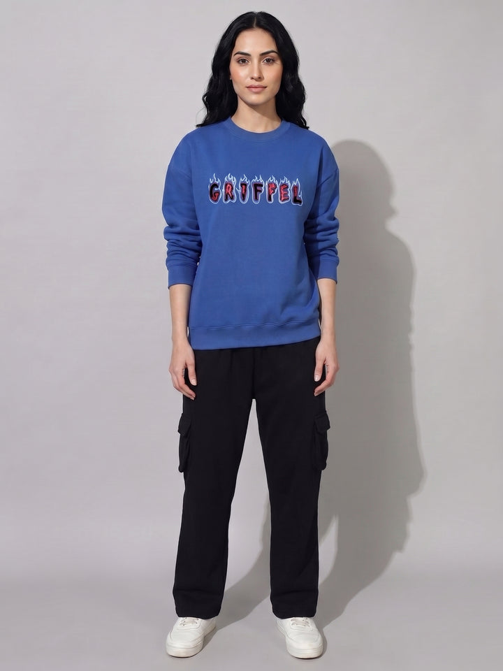 COLD BURN Cotton Fleece Oversized Round Neck Royal Blue Sweatshirt For Women