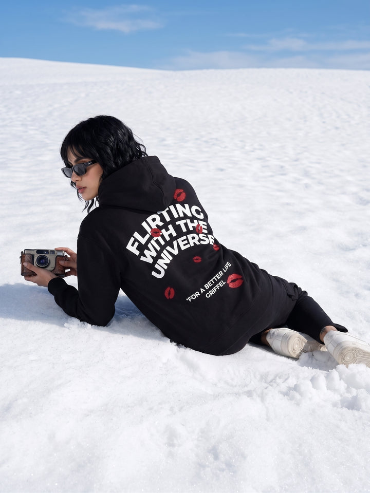 FLIRTING UNIVERSE BLACK Cotton Fleece Oversized Hoodie Tracksuit For Women