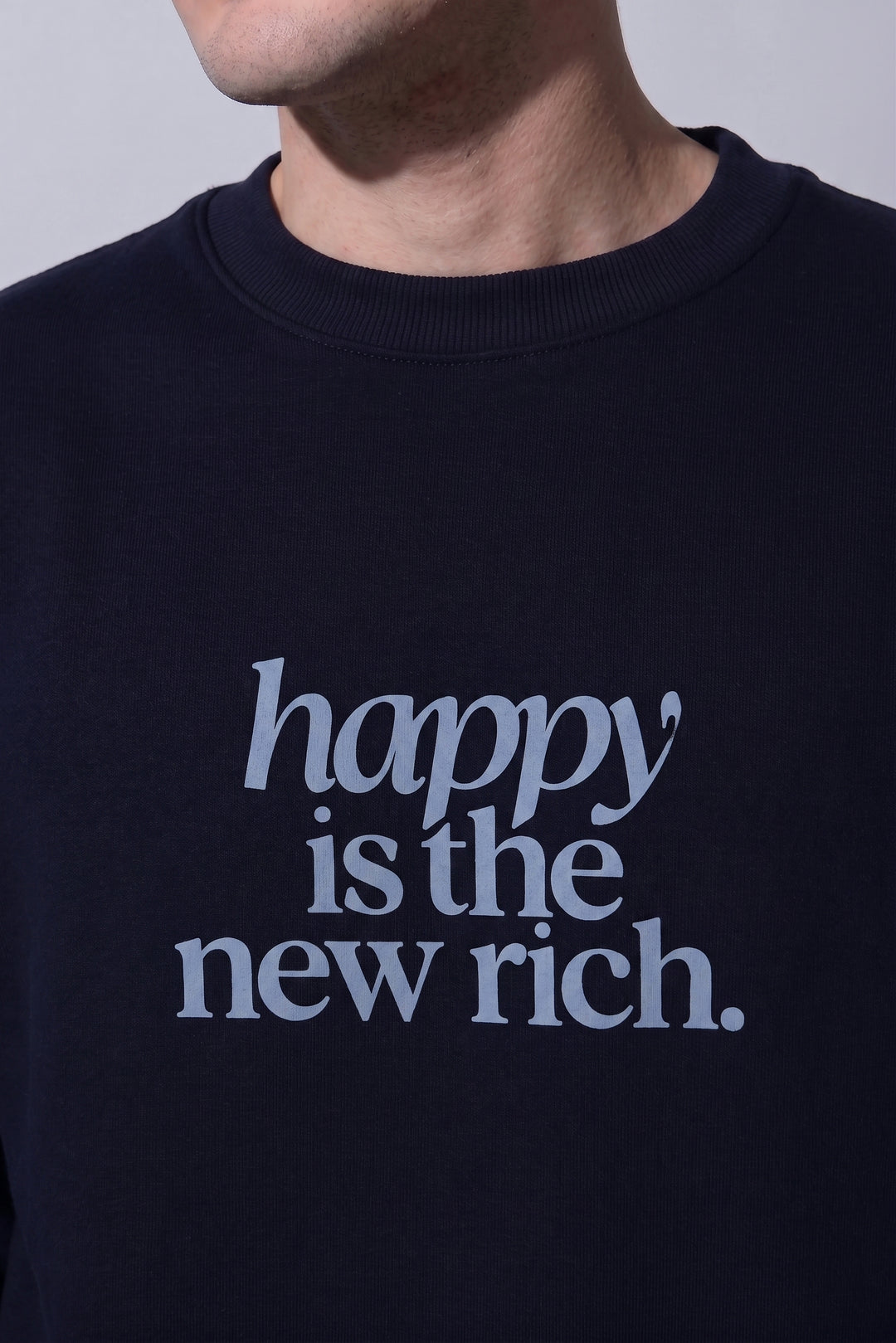 Happy Is The New Rich Navy Oversized cotton Fleece Sweatshirt