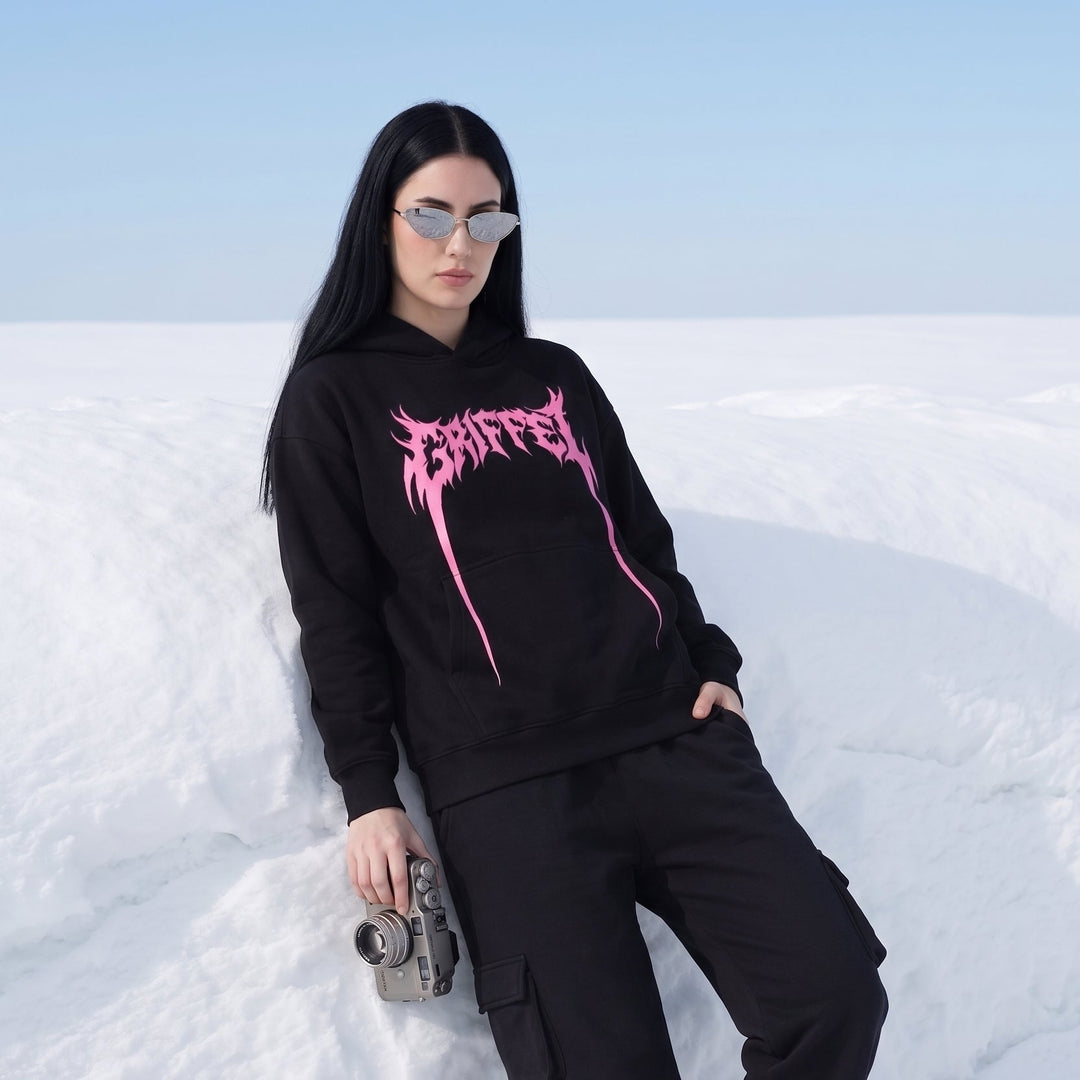 SHOCKWAVE Oversized Cotton Fleece Black Hoodie For Women