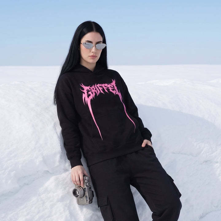 SHOCKWAVE Oversized Cotton Fleece Black Hoodie For Women