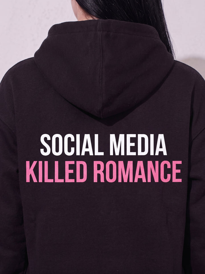 Social Media Killed Romance Oversized Cotton Fleece Black Hoodie