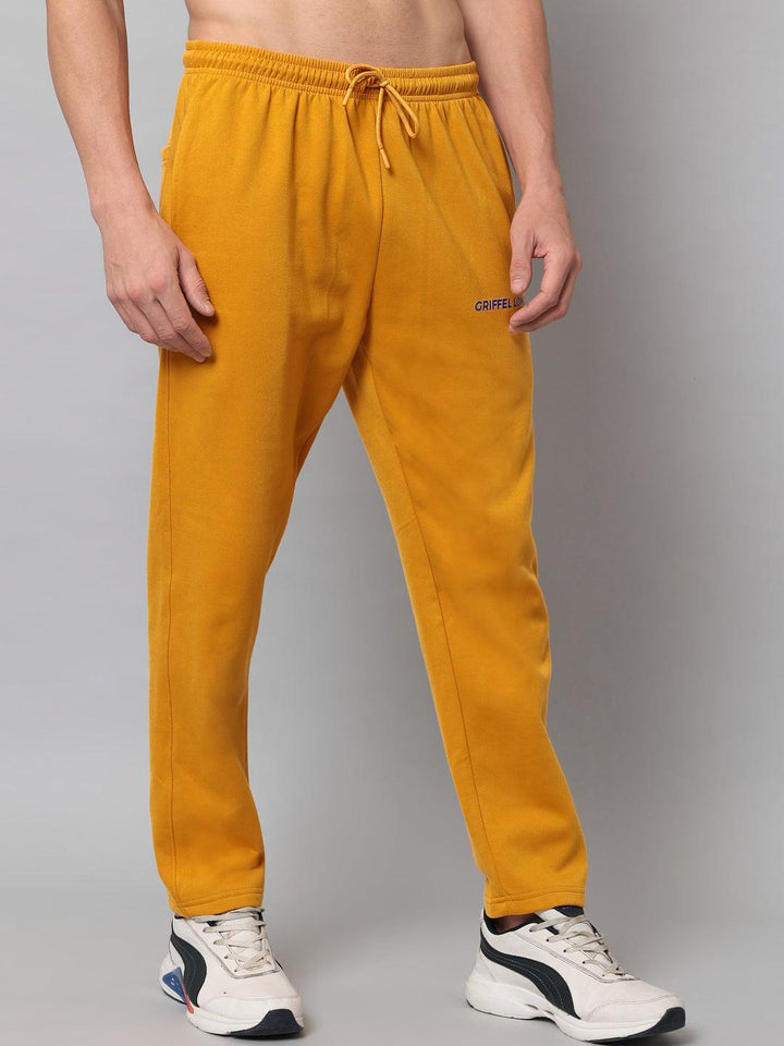 GRIFFEL Men Fleece Basic Solid Front Logo Mustard Trackpants - griffel