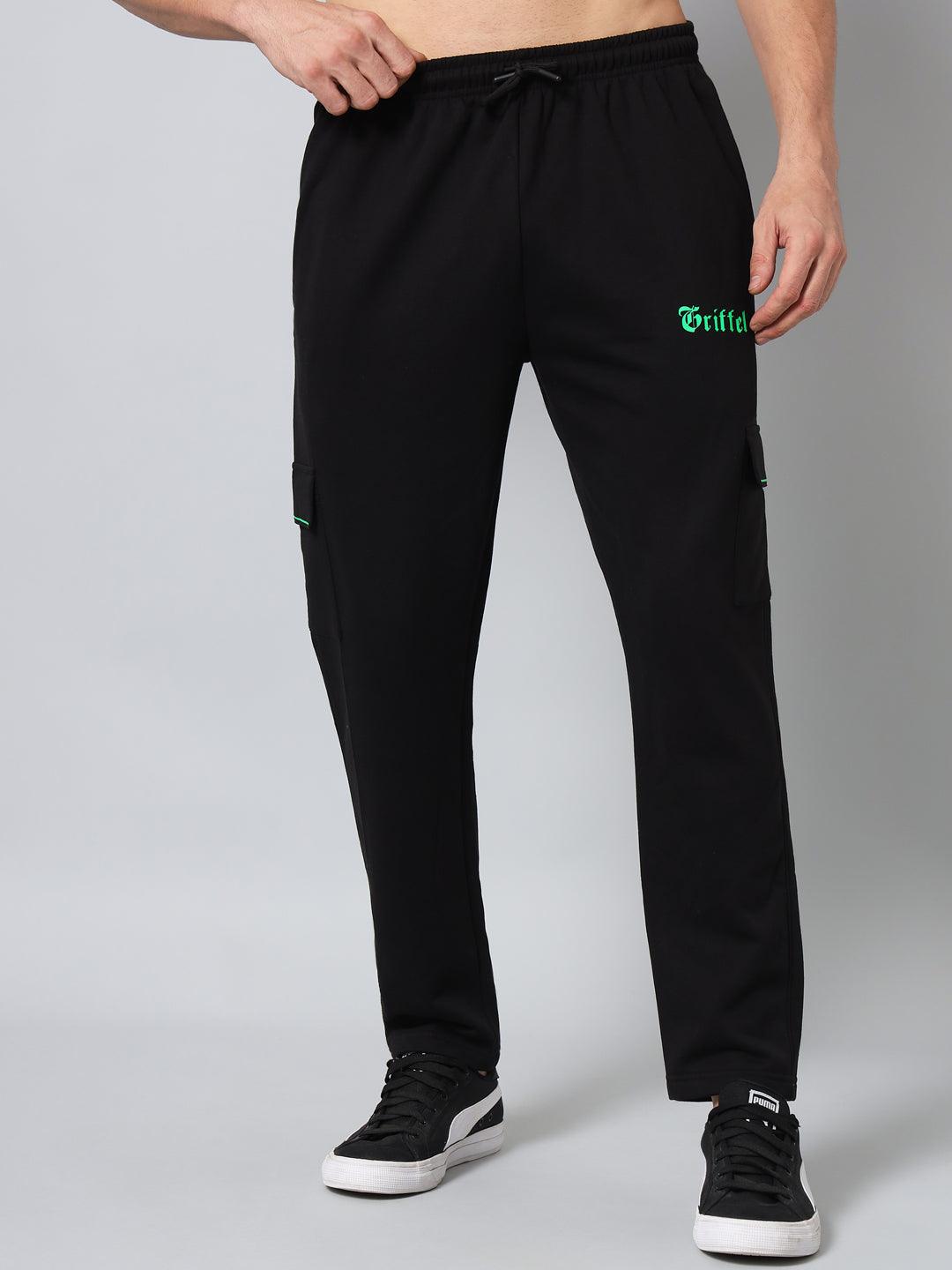 GRIFFEL Men Fleece 6 Pocket Front Logo Black Green Trackpants - griffel