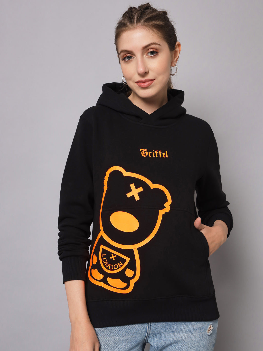 Copy of Griffel Women’s Cotton Fleece Full Sleeve Black Teddy Hoodie Sweatshirt - griffel