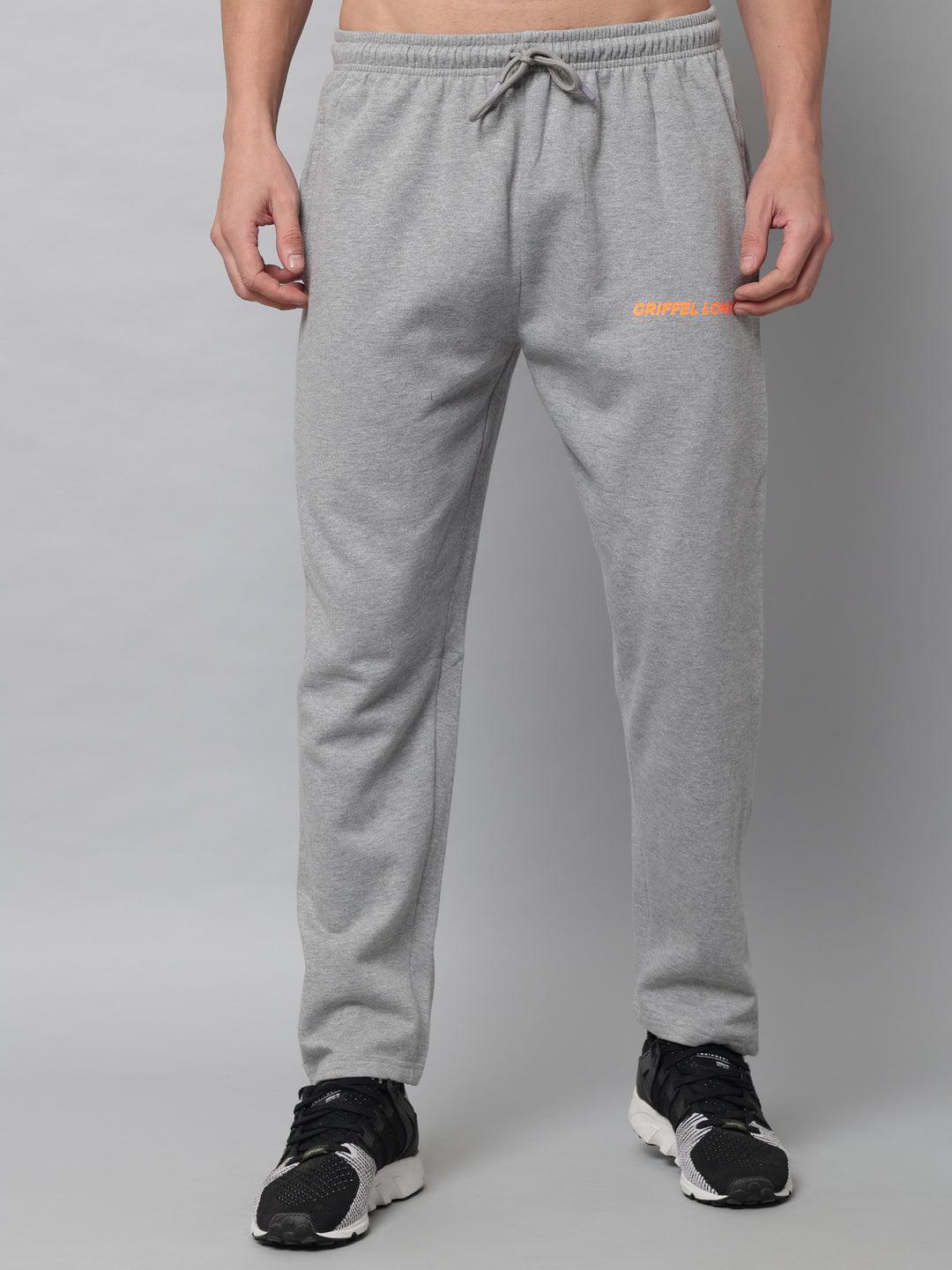 GRIFFEL Men Fleece Basic Solid Front Logo Grey Trackpants - griffel