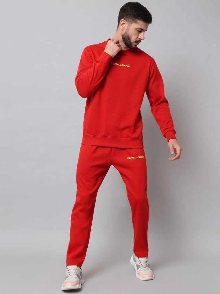 Griffel Men's Front Logo Solid Fleece Basic R-Neck Sweatshirt and Joggers Full set Red Tracksuit - griffel