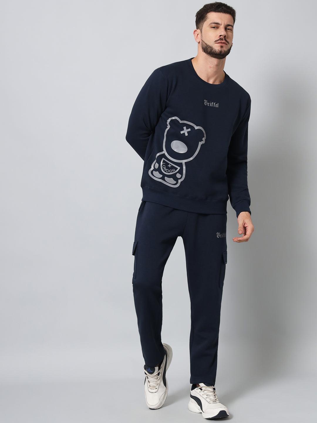 Griffel Men's Front Teddy Print Fleece Basic R-Neck Sweatshirt and Joggers Full set Grey Navy Tracksuit - griffel