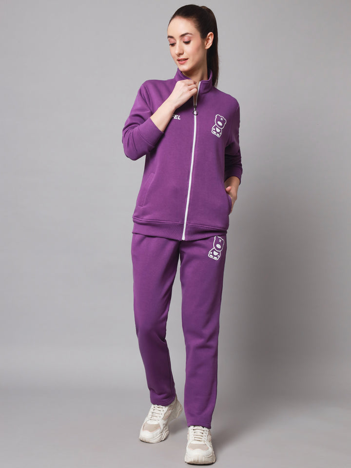 Griffel Women Solid Fleece Zipper Neck Sweatshirt and Joggers Full set Dark Purple Tracksuit - griffel