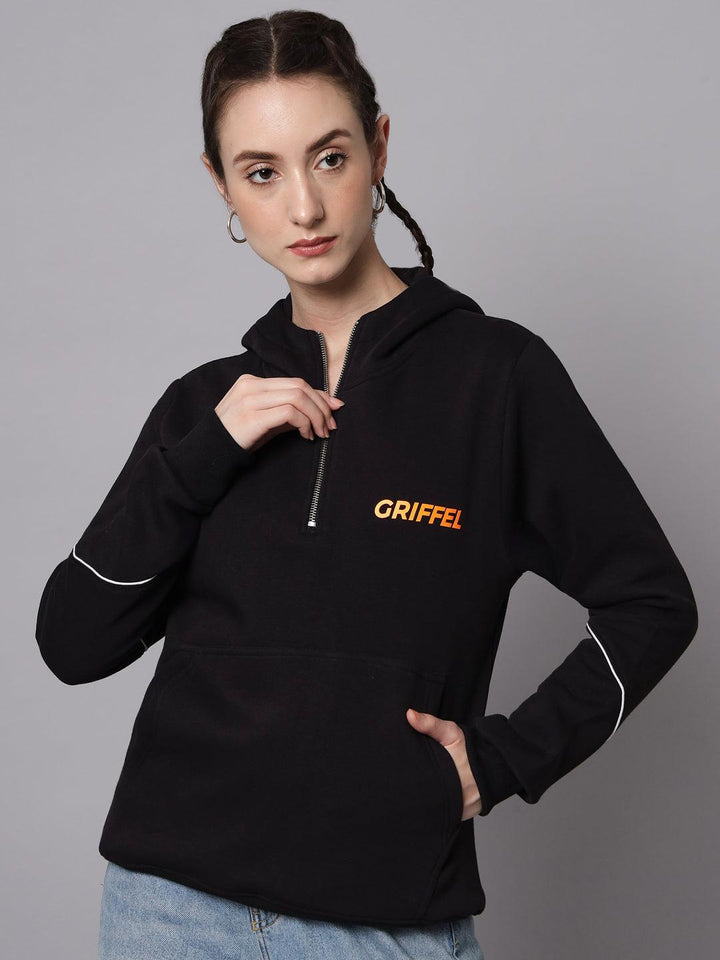 Griffel Women’s Cotton Fleece Full Sleeve Hoodie Black Half Zip Sweatshirt - griffel