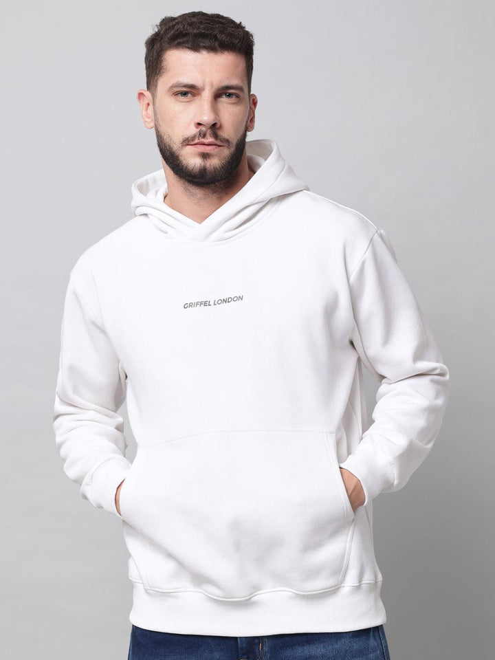 Griffel Men's White Cotton Front Logo Fleece Hoody Sweatshirt with Full Sleeve - griffel
