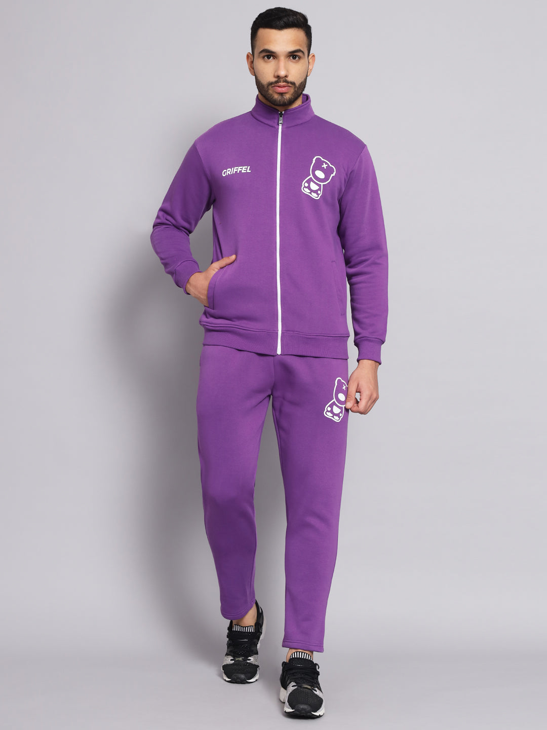 Griffel Men's Front Logo Print Fleece Zipper and Jogger Full set Dark Purple Tracksuit - griffel