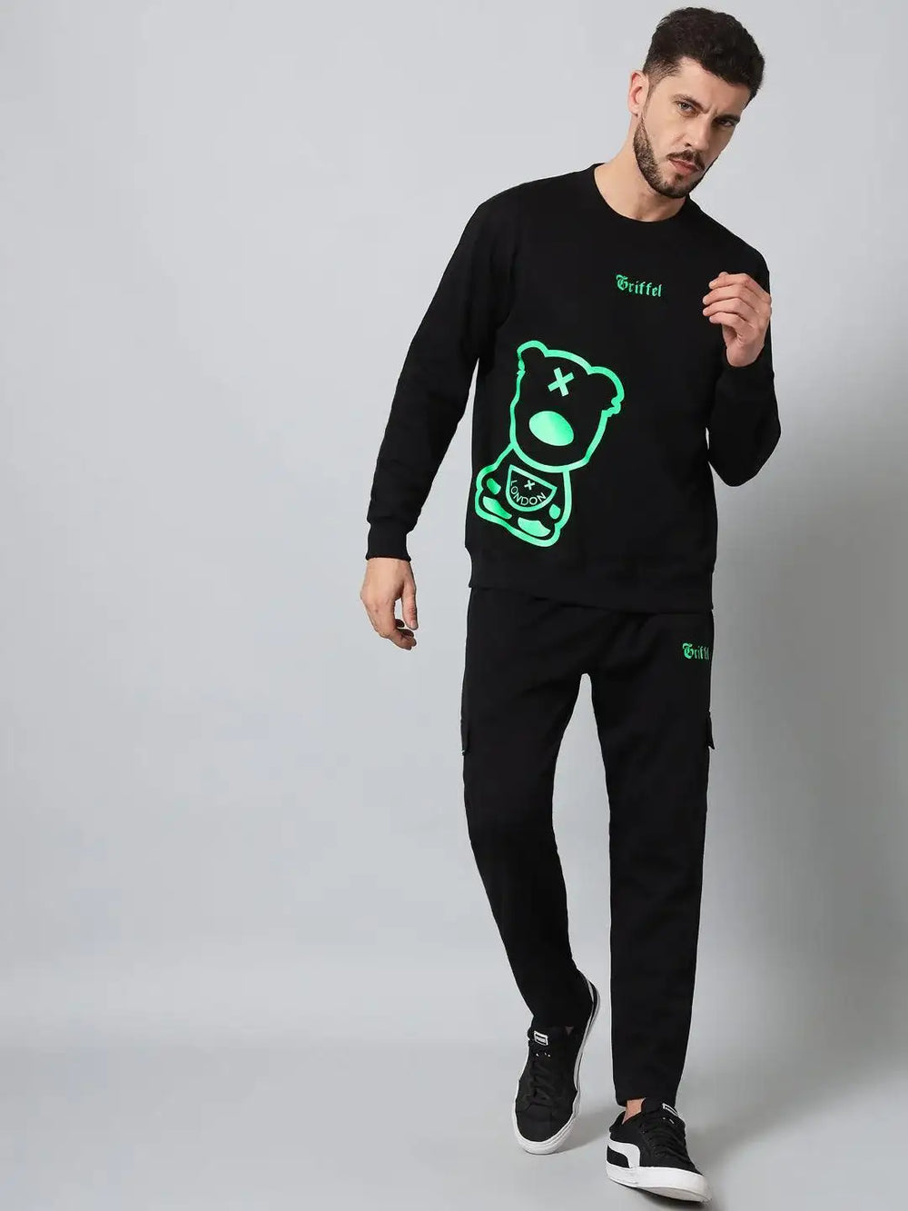 Griffel Men's Front Teddy Print Fleece Basic R-Neck Sweatshirt and Joggers Full set Green Black Tracksuit - griffel