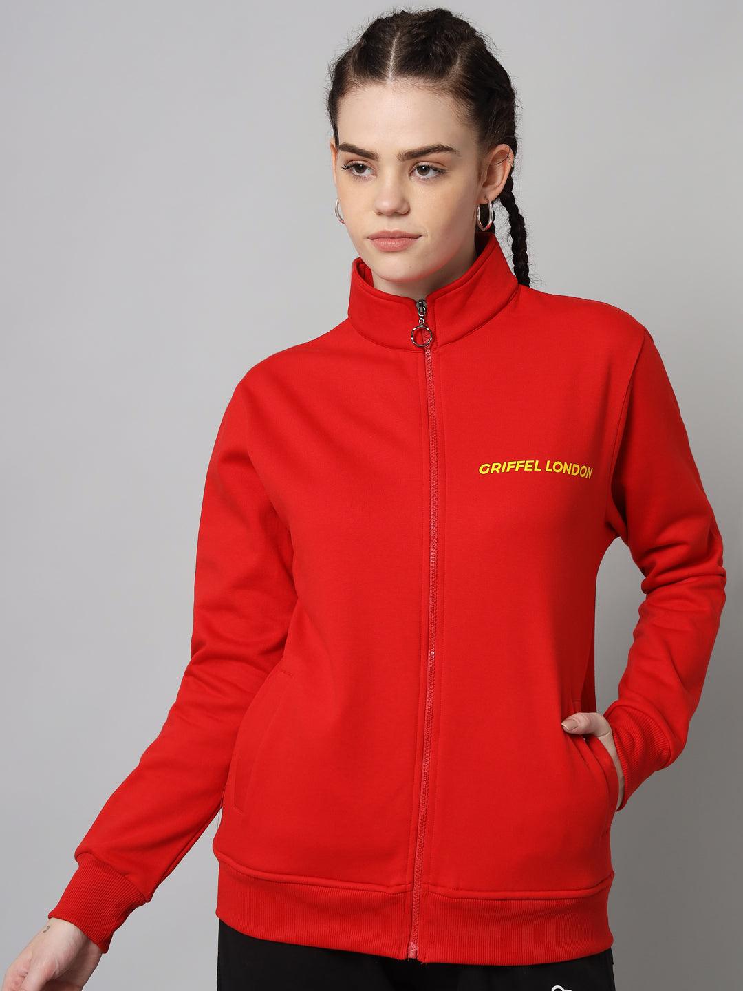 Griffel Women’s Cotton Fleece Full Sleeve Red Zipper Sweatshirt - griffel