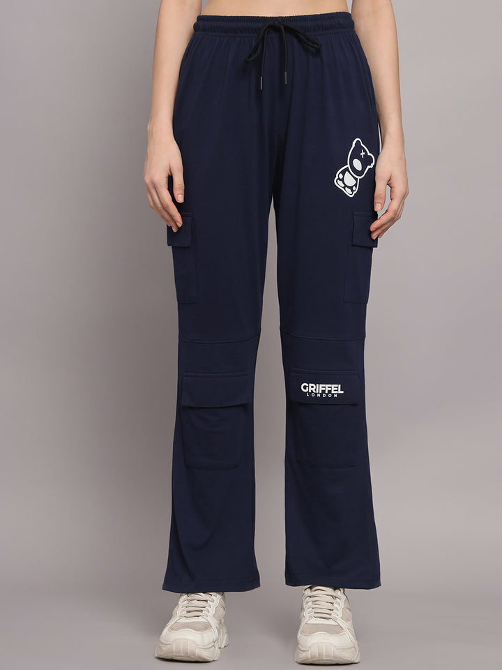 GRIFFEL Women Printed Loose fit Navy T-shirt and Bell Bottom Trackpant Set - griffel