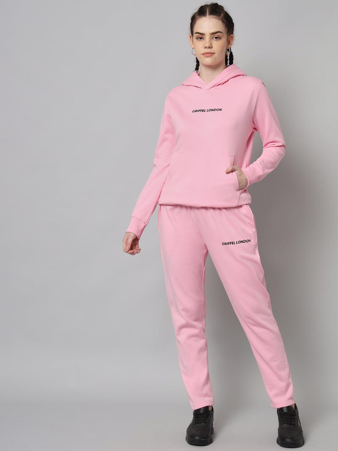 Griffel Women Solid Fleece Basic Hoodie and Joggers Full set Pink Tracksuit - griffel