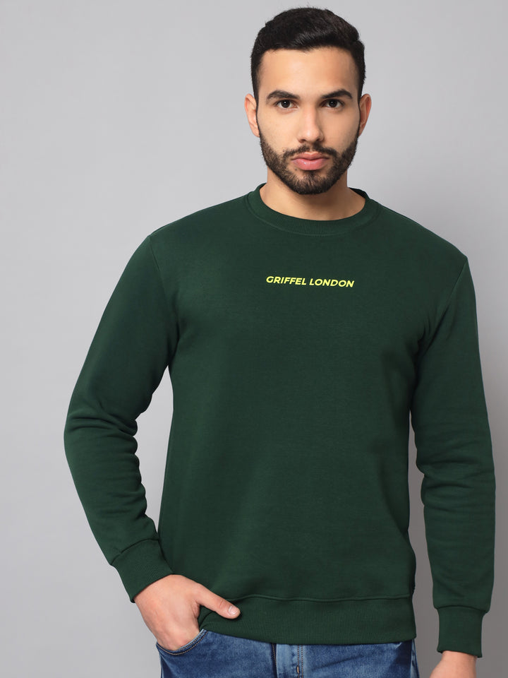 Griffel Men's Cotton Fleece Round Neck Green Sweatshirt with Full Sleeve and Front Logo Print - griffel