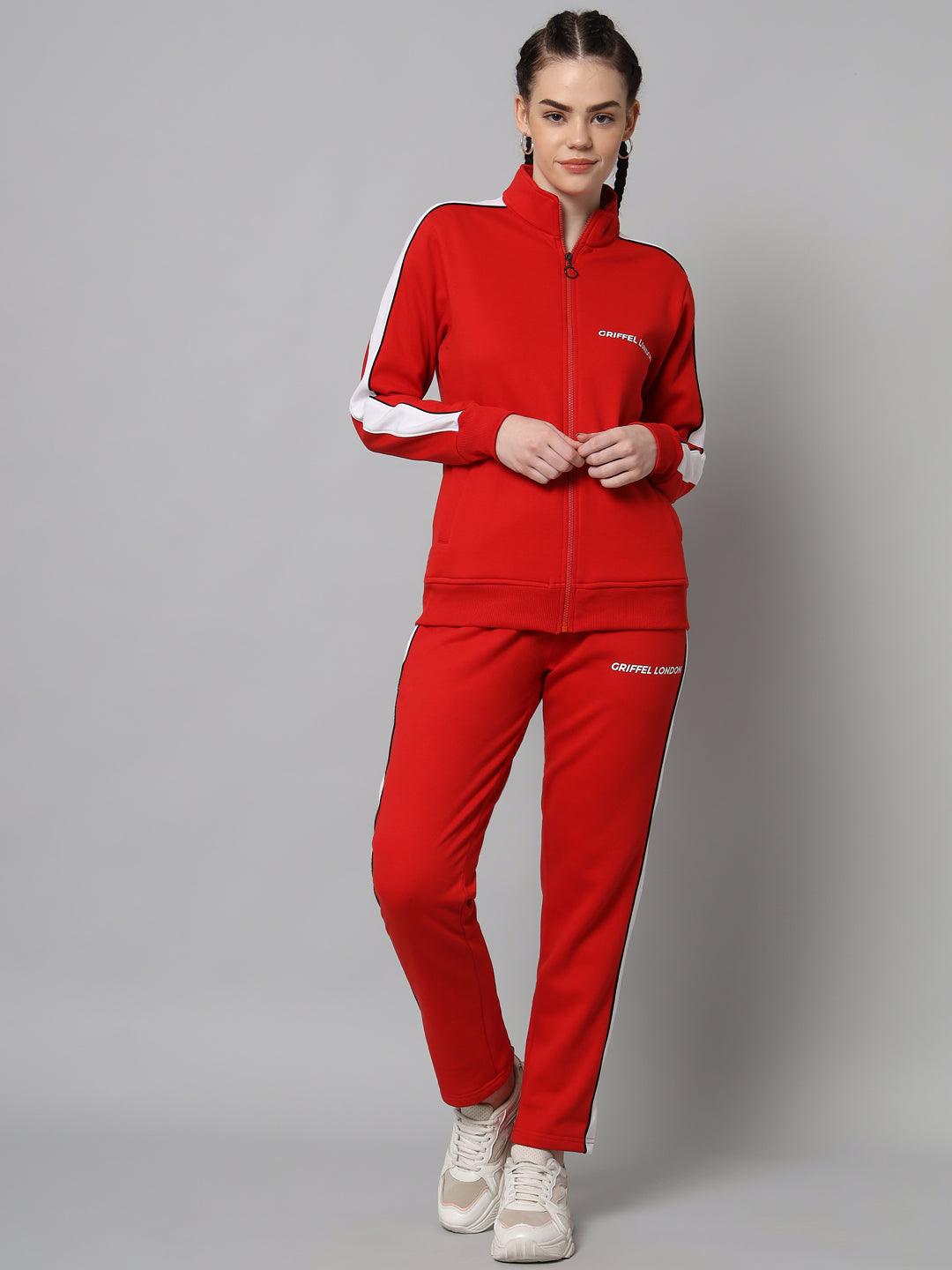 Griffel Women Color Blocked Fleece Zipper Neck Sweatshirt and Joggers Full set RedTracksuit - griffel