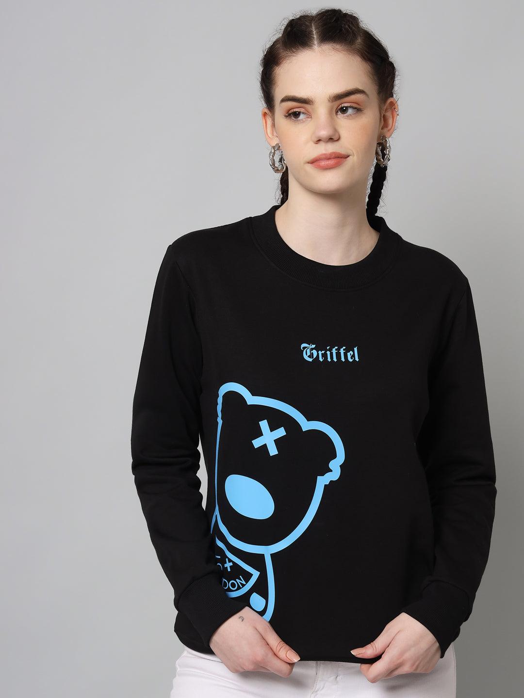 Griffel Women’s Teddy Print Round Neck Sky Black Cotton Fleece Full Sleeve Sweatshirt - griffel
