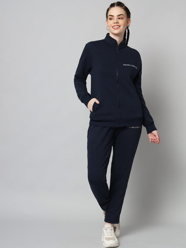 Griffel Women Solid Fleece Zipper Neck Sweatshirt and Joggers Full set Navy Tracksuit - griffel