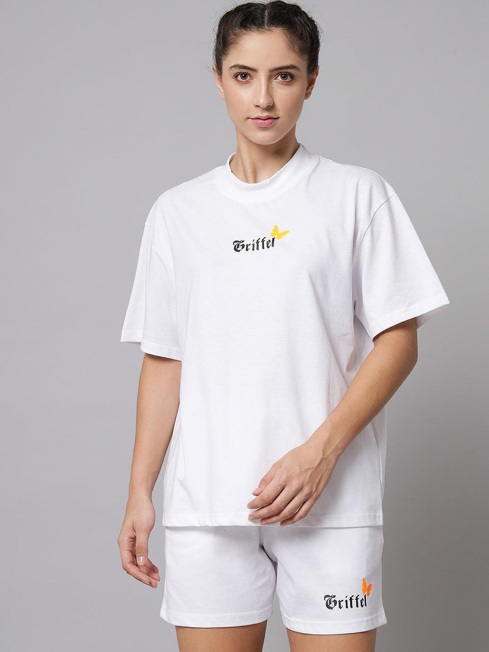 GRIFFEL Women White Printed Oversized Loose fit T-shirt and Short Set - griffel
