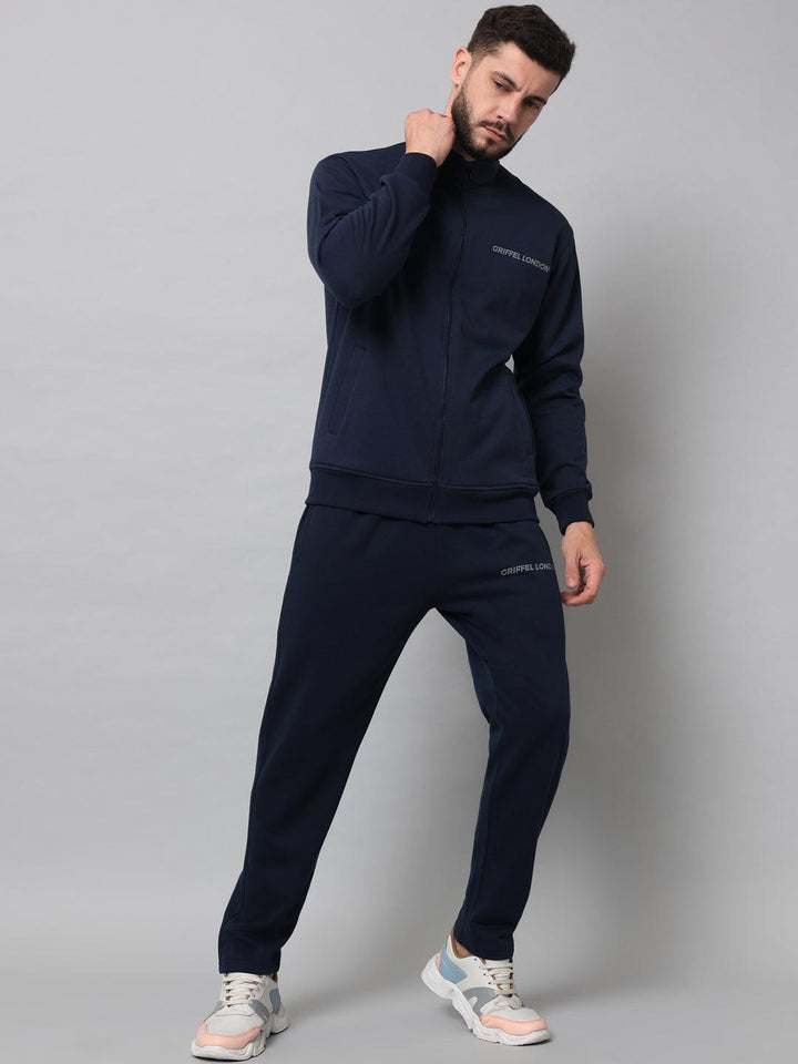 Griffel Men's Front Logo Fleece Zipper and Jogger Full set Navy Tracksuit - griffel