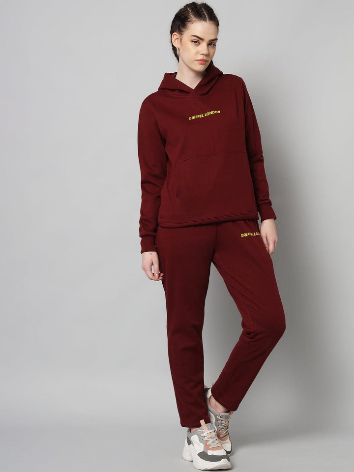 Griffel Women Solid Fleece Basic Hoodie and Joggers Full set Maroon Tracksuit - griffel