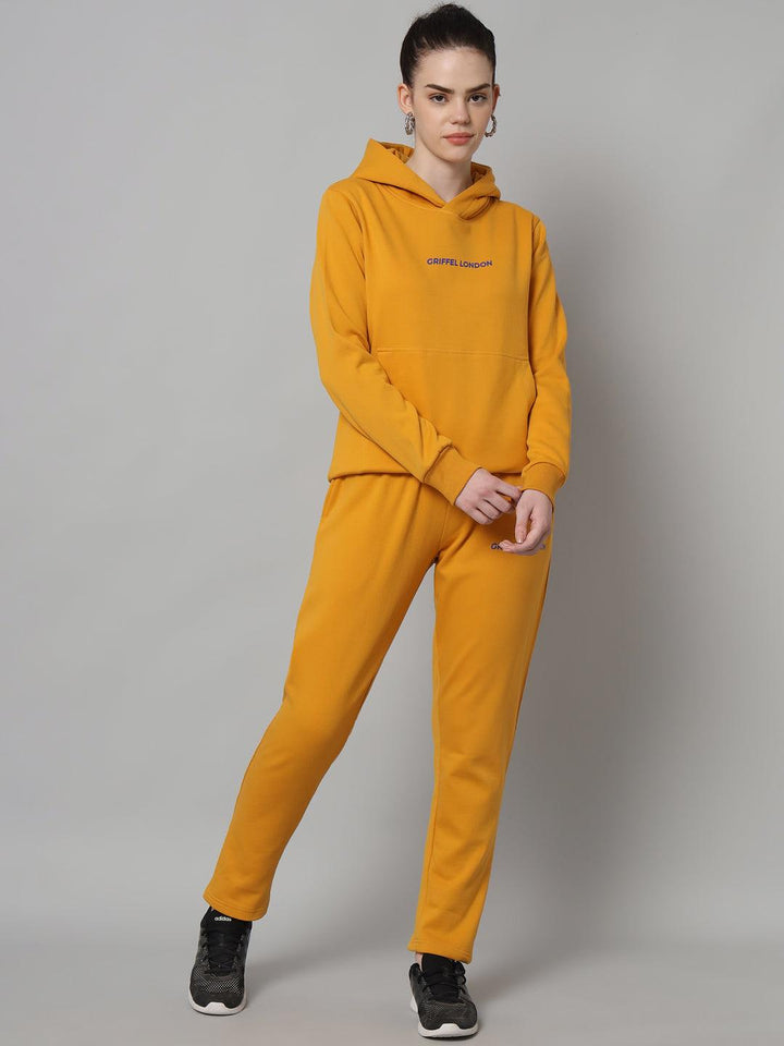 Griffel Women Solid Fleece Basic Hoodie and Joggers Full set Mustard Tracksuit - griffel