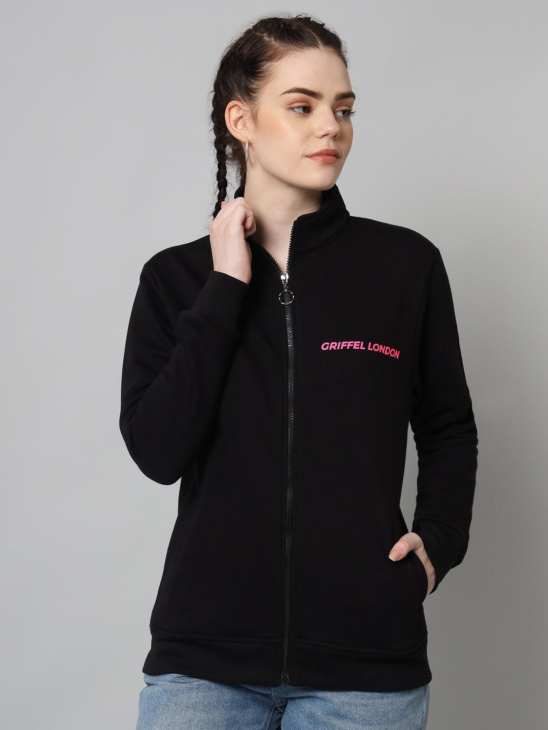 Griffel Women’s Cotton Fleece Full Sleeve Black Zipper Sweatshirt - griffel
