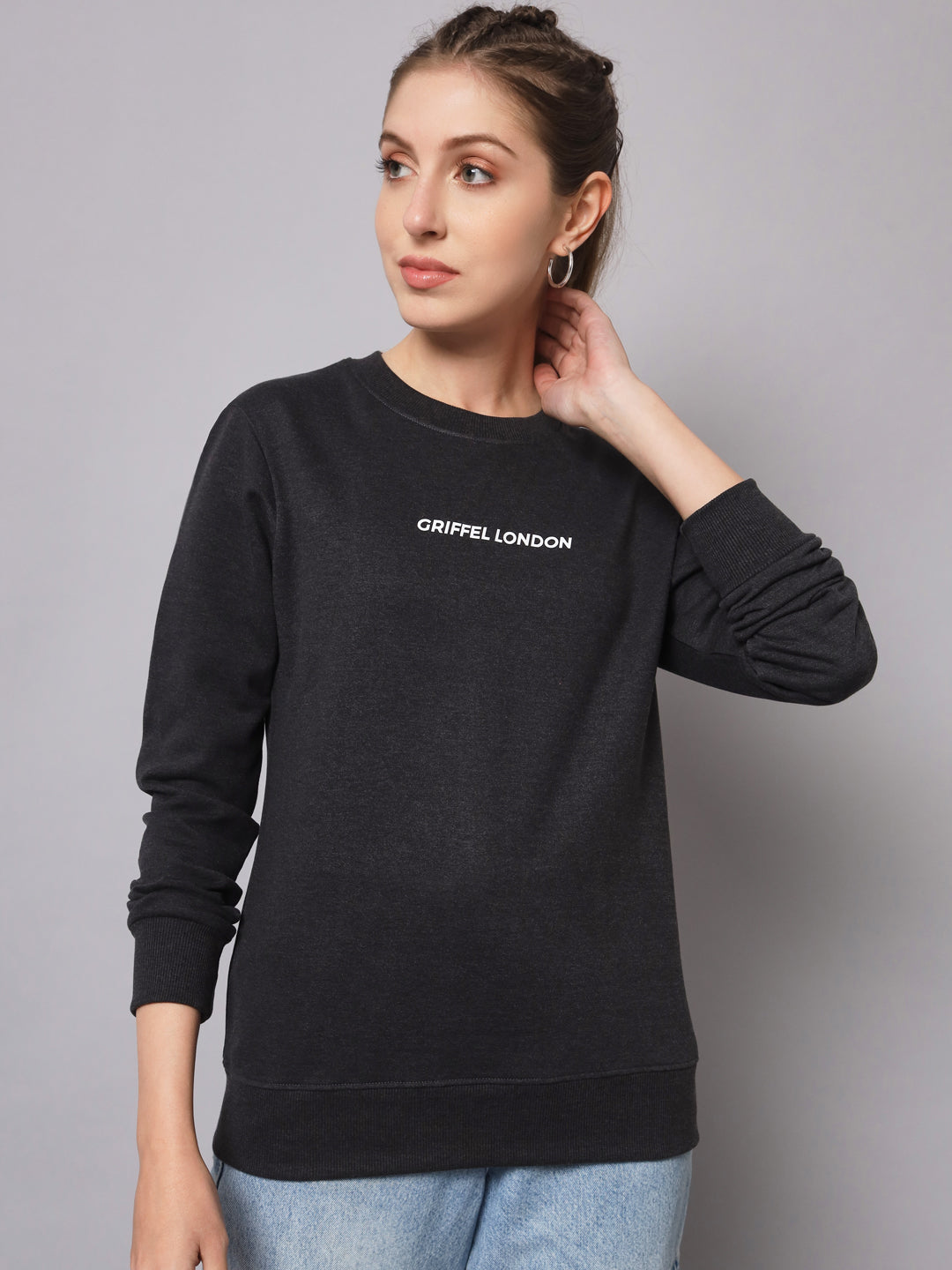 Griffel Women’s Printed Round Neck Anthra Cotton Fleece Full Sleeve Sweatshirt - griffel
