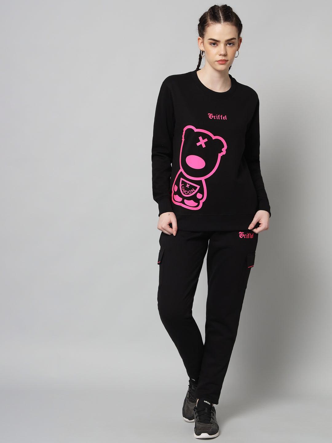 Griffel Women Teddy Print Fleece Round Neck and Joggers Full set Pink Black Tracksuit - griffel