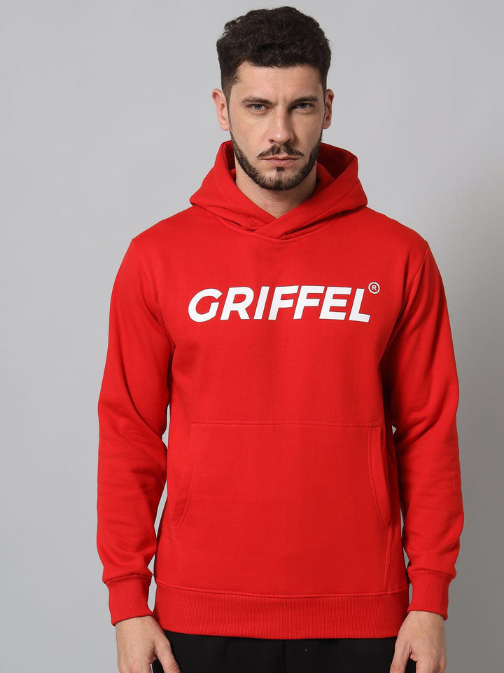 Griffel Men's Red Cotton Front Logo Fleece Hoody Sweatshirt with Full Sleeve - griffel