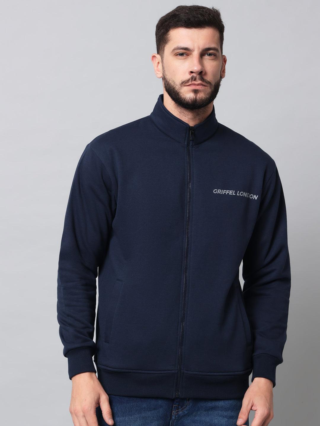 Griffel Men's Solid Fleece Zipper Stylish Navy Sweatshirt - griffel