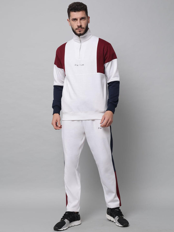 Griffel Men's Color Blocked Front Logo Fleece Zipper and Jogger Full set White Tracksuit - griffel